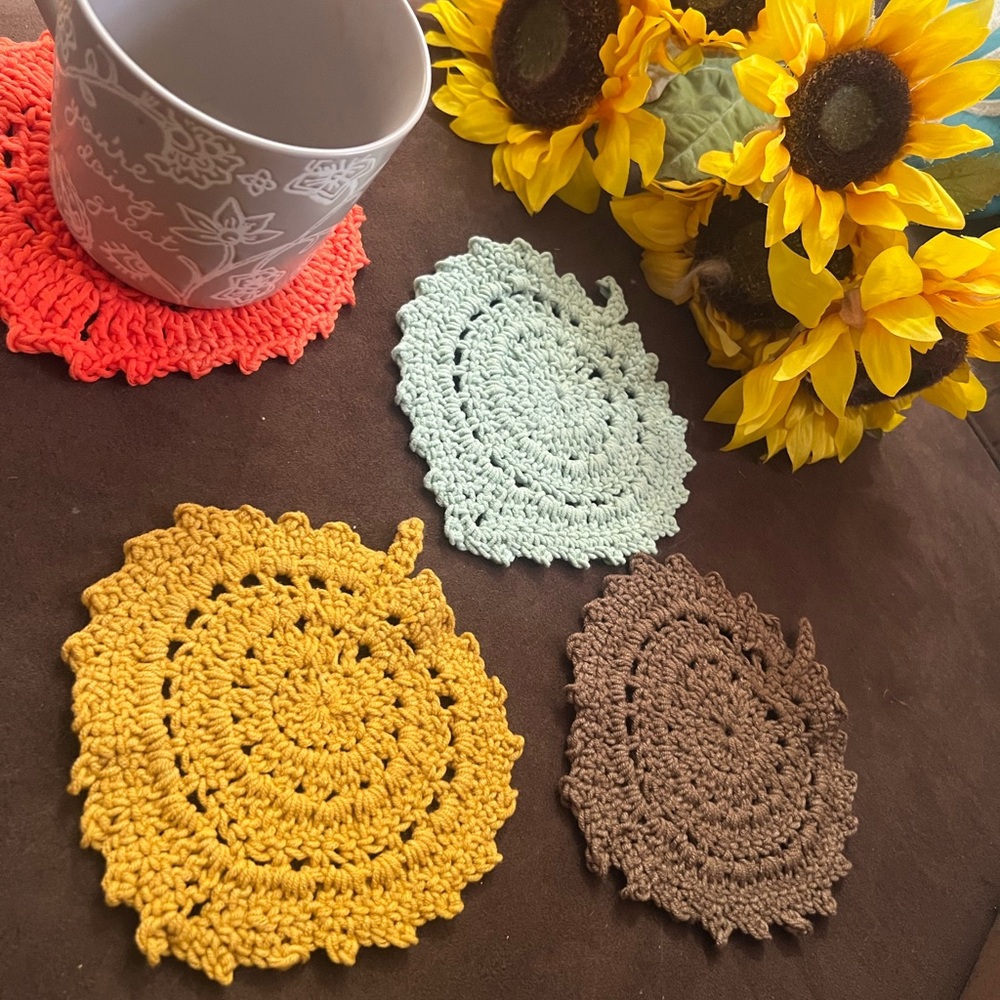 SOLD ** Handmade Crochet Coaster Set - Yellow, Brown, Mint